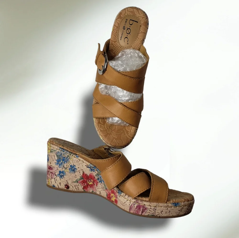 Cottagecore Sandals 7 Cush Painted Floral Strappy Wedge Mule BOC BORN Concepts
